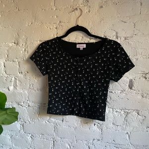 Cropped Black Top with Floral Pattern